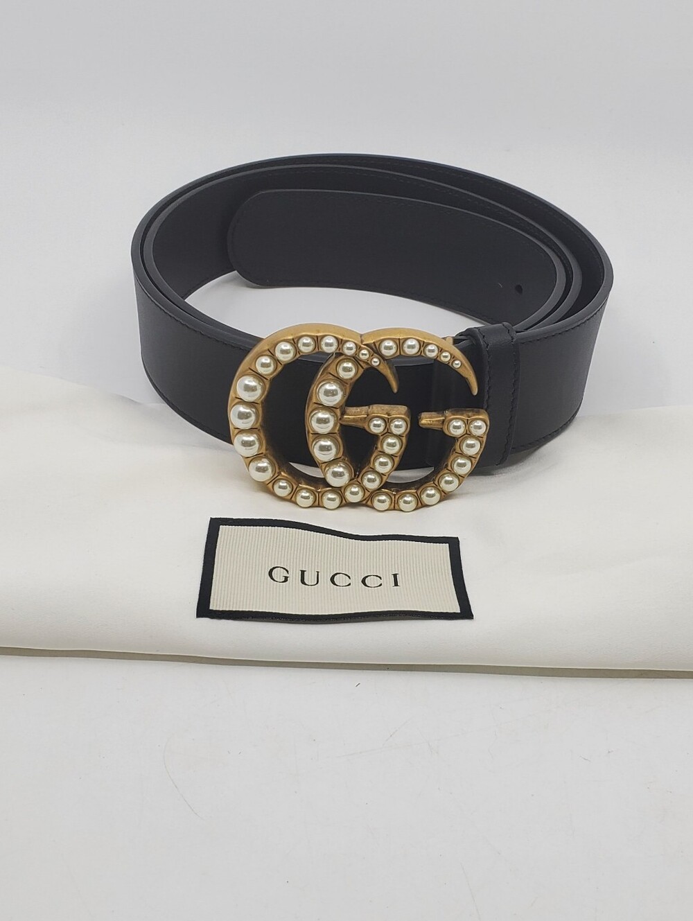 Gucci GG Marmont Faux Pearl Accents Leather Belt